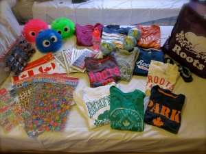 Gifts for the orphanage kids.. tshirts, stickers, pencils, mini globes + my favourite.. neon-squishy balls
